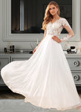 Kaylyn A-Line V-neck Floor-Length Chiffon Lace Wedding Dress With Lace Sequins UKP0017070