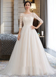 Litzy Ball-Gown/Princess Scoop Neck Court Train Tulle Lace Wedding Dress With Sequins UKP0017073