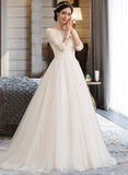 Litzy Ball-Gown/Princess Scoop Neck Court Train Tulle Lace Wedding Dress With Sequins UKP0017073