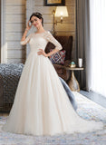 Litzy Ball-Gown/Princess Scoop Neck Court Train Tulle Lace Wedding Dress With Sequins UKP0017073