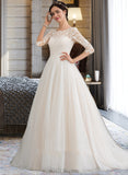 Litzy Ball-Gown/Princess Scoop Neck Court Train Tulle Lace Wedding Dress With Sequins UKP0017073