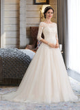 Litzy Ball-Gown/Princess Scoop Neck Court Train Tulle Lace Wedding Dress With Sequins UKP0017073