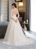 Litzy Ball-Gown/Princess Scoop Neck Court Train Tulle Lace Wedding Dress With Sequins UKP0017073