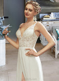 Serena A-Line V-neck Floor-Length Chiffon Lace Wedding Dress With Lace Split Front UKP0017074