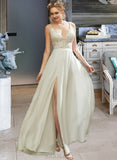 Serena A-Line V-neck Floor-Length Chiffon Lace Wedding Dress With Lace Split Front UKP0017074