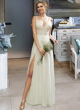 Serena A-Line V-neck Floor-Length Chiffon Lace Wedding Dress With Lace Split Front UKP0017074