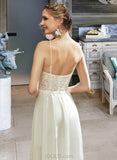 Serena A-Line V-neck Floor-Length Chiffon Lace Wedding Dress With Lace Split Front UKP0017074