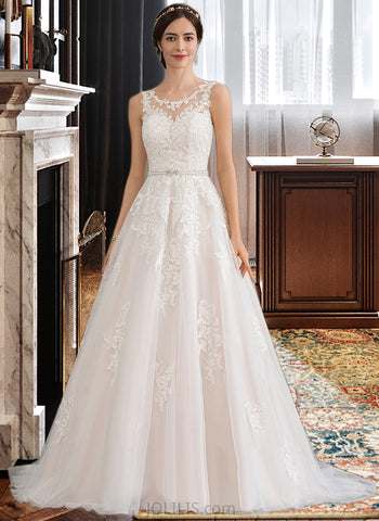 Yaritza Ball-Gown/Princess Scoop Neck Court Train Tulle Lace Wedding Dress With Beading Sequins UKP0017076