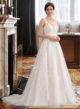 Yaritza Ball-Gown/Princess Scoop Neck Court Train Tulle Lace Wedding Dress With Beading Sequins UKP0017076