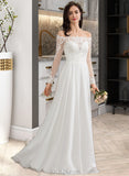 Kim A-Line Off-the-Shoulder Floor-Length Chiffon Lace Wedding Dress With Lace UKP0017079