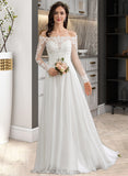 Kim A-Line Off-the-Shoulder Floor-Length Chiffon Lace Wedding Dress With Lace UKP0017079