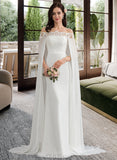 Mimi Sheath/Column Off-the-Shoulder Court Train Chiffon Lace Wedding Dress With Lace UKP0017080