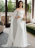 Mimi Sheath/Column Off-the-Shoulder Court Train Chiffon Lace Wedding Dress With Lace UKP0017080