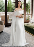 Mimi Sheath/Column Off-the-Shoulder Court Train Chiffon Lace Wedding Dress With Lace UKP0017080