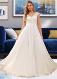 Kaylie A-Line V-neck Sweep Train Chiffon Lace Wedding Dress With Lace UKP0017081