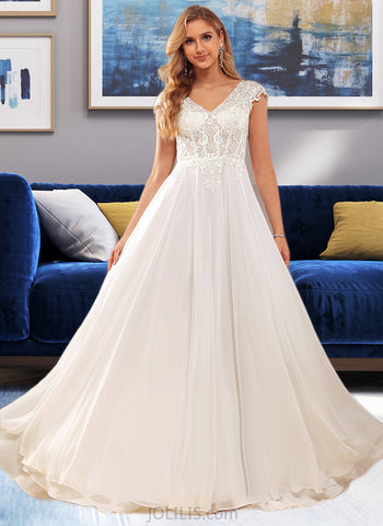 Kaylie A-Line V-neck Sweep Train Chiffon Lace Wedding Dress With Lace UKP0017081