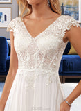 Kaylie A-Line V-neck Sweep Train Chiffon Lace Wedding Dress With Lace UKP0017081