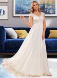 Kaylie A-Line V-neck Sweep Train Chiffon Lace Wedding Dress With Lace UKP0017081