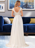 Kaylie A-Line V-neck Sweep Train Chiffon Lace Wedding Dress With Lace UKP0017081