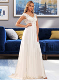 Kaylie A-Line V-neck Sweep Train Chiffon Lace Wedding Dress With Lace UKP0017081