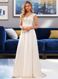 Kaylie A-Line V-neck Sweep Train Chiffon Lace Wedding Dress With Lace UKP0017081