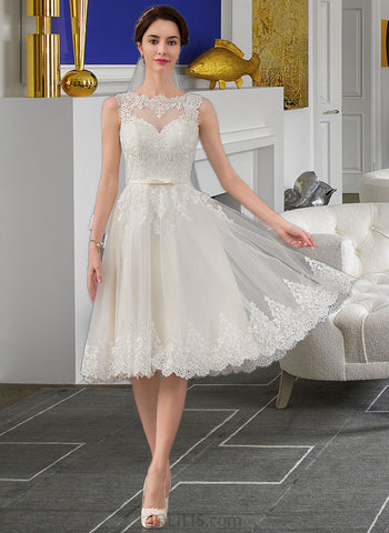 Lillie A-Line Illusion Knee-Length Satin Tulle Lace Wedding Dress With Bow(s) UKP0017084