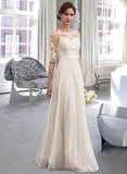 Magdalena A-Line Illusion Floor-Length Chiffon Lace Wedding Dress With Beading Sequins Bow(s) UKP0017085