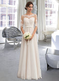 Magdalena A-Line Illusion Floor-Length Chiffon Lace Wedding Dress With Beading Sequins Bow(s) UKP0017085