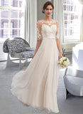 Magdalena A-Line Illusion Floor-Length Chiffon Lace Wedding Dress With Beading Sequins Bow(s) UKP0017085