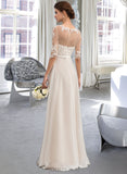 Magdalena A-Line Illusion Floor-Length Chiffon Lace Wedding Dress With Beading Sequins Bow(s) UKP0017085