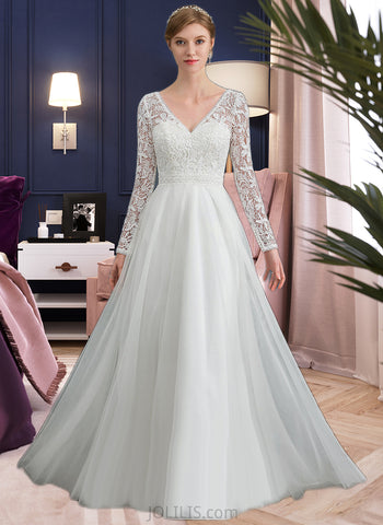 Averie A-Line V-neck Floor-Length Tulle Lace Wedding Dress UKP0017088