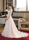 Brenna Ball-Gown/Princess V-neck Court Train Organza Lace Wedding Dress With Ruffle UKP0017090