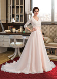 Brenna Ball-Gown/Princess V-neck Court Train Organza Lace Wedding Dress With Ruffle UKP0017090