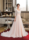 Brenna Ball-Gown/Princess V-neck Court Train Organza Lace Wedding Dress With Ruffle UKP0017090