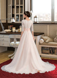 Brenna Ball-Gown/Princess V-neck Court Train Organza Lace Wedding Dress With Ruffle UKP0017090