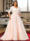 Brenna Ball-Gown/Princess V-neck Court Train Organza Lace Wedding Dress With Ruffle UKP0017090