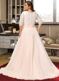 Brenna Ball-Gown/Princess V-neck Court Train Organza Lace Wedding Dress With Ruffle UKP0017090