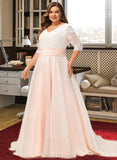 Brenna Ball-Gown/Princess V-neck Court Train Organza Lace Wedding Dress With Ruffle UKP0017090