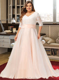 Brenna Ball-Gown/Princess V-neck Court Train Organza Lace Wedding Dress With Ruffle UKP0017090