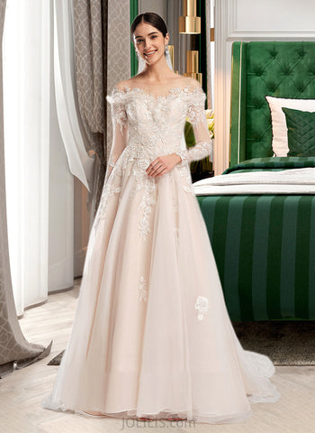 Meg Ball-Gown/Princess Off-the-Shoulder Court Train Tulle Lace Wedding Dress With Sequins UKP0017091