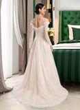 Meg Ball-Gown/Princess Off-the-Shoulder Court Train Tulle Lace Wedding Dress With Sequins UKP0017091