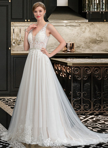 Katherine Ball-Gown/Princess V-neck Court Train Tulle Lace Wedding Dress With Beading Sequins UKP0017093