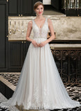 Katherine Ball-Gown/Princess V-neck Court Train Tulle Lace Wedding Dress With Beading Sequins UKP0017093