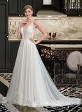 Katherine Ball-Gown/Princess V-neck Court Train Tulle Lace Wedding Dress With Beading Sequins UKP0017093