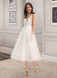 Adrianna A-Line V-neck Tea-Length Tulle Lace Wedding Dress UKP0017097