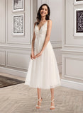 Adrianna A-Line V-neck Tea-Length Tulle Lace Wedding Dress UKP0017097