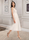 Adrianna A-Line V-neck Tea-Length Tulle Lace Wedding Dress UKP0017097