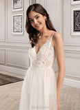 Adrianna A-Line V-neck Tea-Length Tulle Lace Wedding Dress UKP0017097