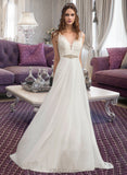 Shania A-Line V-neck Court Train Chiffon Lace Wedding Dress With Beading Sequins UKP0017100