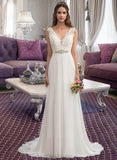 Shania A-Line V-neck Court Train Chiffon Lace Wedding Dress With Beading Sequins UKP0017100